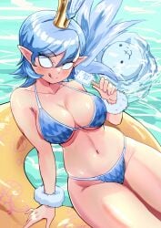 1girls 5_fingers background bikini bin_isazawa blank_eyes blue_bikini blue_hair blue_hair_female blush blushing_at_viewer blushing_female breasts cat_(battle_cats) closed_mouth clothed clothed_female clothing crown doge_(the_battle_cats) female female_focus female_only fingers frozen hair hair_between_eyes handwear holding_ice_cream holding_object human ice ice_cat_(battle_cats) ice_cream light-skinned_female light_skin looking_at_viewer medium_hair no_pupils nyanko_daisensou one_hand_up outdoors pointy_ears pupilless_eyes sexy sitting smile smiling smiling_at_viewer solo solo_female solo_focus swim_ring swimsuit the_battle_cats thighs tongue tongue_out water wearing_crown white_eyes