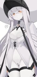 ? absurdres blue_archive breasts censored cloak dress female hair_over_one_eye hat highres large_hat long_hair looking_at_viewer malkuth_(blue_archive) medium_breasts mikozin navel orange_eyes pale_skin pussy sidelocks solo thigh_strap very_long_hair white_cloak white_dress white_hair white_hat