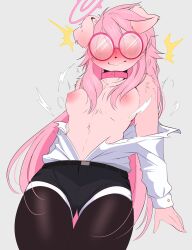 absurd_res anthro belt blush bottomwear breasts canid canine canis clothed clothing collar domestic_dog dress_shirt eyewear female floppy_ears front_view fur glasses hi_res hotpants legwear long_hair mammal mochii_tiger nipples pantyhose pink_body pink_fur pink_hair round_glasses shirt shorts simple_background solo thigh_gap topless topwear torn_clothing torn_shirt torn_topwear