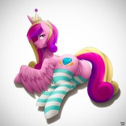 alicorn anus clitoris clothing crown cutie_mark derpah equine feathered_wings feathers female feral friendship_is_magic fur hair horn horse legwear looking_at_viewer lying mammal marblesoda multicolored_hair my_little_pony pink_fur princess_cadance_(mlp) purple_eyes pussy socks solo tongue tongue_out wings