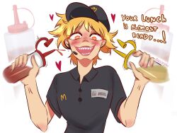 1boy 1femboy anime berry_pie_(artist) blush bottle chainsaw_man denji_(chainsaw_man) femboy fetish gay ketchup male pointy_teeth