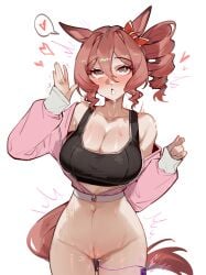 ahe_gao animal_ears baobao771100 blush blussh bow breasts brown_hair cleavage collarbone commentary drill_hair ear_bow female grey_eyes hair_between_eyes hand_up heart highres horse_ears horse_girl horse_tail jacket large_breasts norn_ace_(umamusume) object_insertion pink_jacket red_bow sex_toy short_hair side_ponytail simple_background solo spoken_heart sweat symbol-only_commentary tail umamusume umamusume:_cinderella_gray vaginal_object_insertion vaginal_penetration vibrator white_background