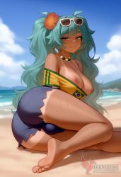 1girls 2d ai_generated aqua_hair ass barefoot big_ass big_breasts bikini bracelet brazilian_miku breasts dark-skinned_female earrings erection erophoenix eyewear_on_head feet full_body futanari grin hair_flower hair_ornament hatsune_miku huge_breasts jewelry kneeling large_penis long_hair looking_at_viewer looking_back nail_polish patreon_username penis shorts smile soles solo solo_female sunglasses swimsuit tan tellow_shirt testicles thick thick_thighs toes uncensored vocaloid