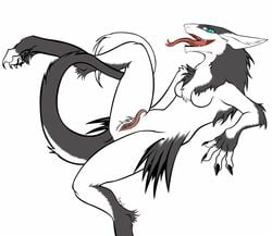 anthro ara'shen breasts clitoral_hood featureless_breasts female fur grey_fur looking_back open_mouth prehensile_clitoral_hood pussy sergal signet simple_background tongue tongue_out white_background white_fur