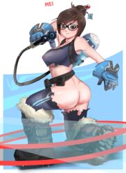 1girls areolae art_conscript ass back_view bottomless breasts clothing_damage curvy erect_nipples eyewear female female_only glasses large_ass large_breasts lost_clothes mei_(overwatch) nipple_bulge nipples overwatch snowball_(overwatch)