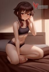 1girls 2d ai_generated ass back bare_shoulders barefoot big_ass bra brown_hair collar erophoenix female female_focus full_body kono_subarashii_sekai_ni_shukufuku_wo long_hair looking_at_viewer megumin pale_skin pale_skinned_female panties patreon_username red_eyes short_hair sitting small_breasts smile soles solo thick thick_thighs uncensored underwear