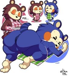 2025 animal_crossing anthro anus apron artist_name ass ass_up big_butt black_nose blue_body blue_ears blue_fur blue_hair blue_tail blush blush_lines bodily_fluids breasts brown_body brown_ears brown_fur brown_hair brown_tail closed_eyes clothing cross-popping_vein digital_media_(artwork) duo eulipotyphlan female fur genitals green_apron green_clothing hair handwear hedgehog holding_object holding_plate karikhuri mabel_able mammal mittens multicolored_apron multicolored_body multicolored_clothing multicolored_fur nintendo oven_mitts pink_apron pink_clothing plate pussy rear_view rodent sable_able sibling_(lore) sister_(lore) sisters_(lore) standing sweat tail tan_body tan_fur text thick_thighs three-quarter_view two_tone_body two_tone_fur two_tone_tail white_apron white_clothing