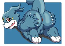 anus ass balls claws digimon dragon erection looking_at_viewer lusarthel open_mouth penis presenting presenting_hindquarters red_eyes scalie simple_background smile spreading teeth tongue veemon