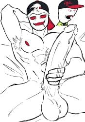 1boy backwards_baseball_cap backwards_hat balls bara baseball_cap big_balls big_penis block_tales cap enormous_penis fangs gay griefer_(block_tales) hair_tuft itsavibeznow male masturbation ms_paint muscular muscular_male no_pupils nude penis precum red_sclera roblox roblox_game robloxian self_upload white_hair white_skin yaoi