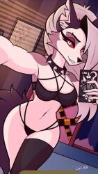 1girls anthro bra breasts cellphone female fur furry hellhound helluva_boss horny long_hair looking_at_viewer loona_(helluva_boss) lw_88 mirror photo selfie source_request spiked_collar wolf wolf_girl