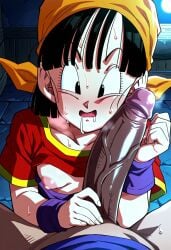 ai_generated akaz123 dragon_ball dragon_ball_gt drooling forearm_cock horny_female looking_at_penis pan_(dragon_ball) penis_awe small_breasts steaming_body sweating toei_animation