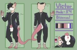 2025 absurd_res american_opossum anthro anus balls bisexual black_body black_fur black_hair english_text forked_penis fur genitals green_eyes grin hair hi_res highlights_(coloring) male mammal marsupial model_sheet penis purple_highlights small_penis smile solo stripes teeth text trinitynight victor_(funkwolfie) white_stripes