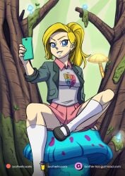 1girls 2020s 2022 amphibia artist_name ass blonde_hair blue_eyes breasts brother-tico disney_channel eyelashes female holding_object light_skin light_skinned_female looking_at_viewer medium_breasts miniskirt nature outdoors panties pantyshot parted_lips phone ponytail saint_james_school_uniform sasha_waybright school_uniform schoolgirl sitting solo teenage_ass teenage_girl teenage_tits teenager teeth thick_thighs underwear variant_set young young_female