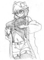 bardachka big_breasts blush blush_lines clothed elf elf_ears glasses holding_breast long_hair manga_raven manga_style tagme