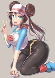 1girls alternate_breast_size ankle_socks anklehighs ass big_ass big_breasts bodysuit breasts clothes eyelashes female female_only gesture green_eyes grey_background holding human kneeling large_ass large_breasts latex long_hair looking_at_viewer nagase_haruhito nintendo open_mouth pantyhose peace_sign poke_ball pokemon pokemon_bw2 red_socks rosa_(pokemon) shirt shoes simple_background skin_tight socks socks_over_pantyhose solo solo_female teeth thick tied_hair tongue twintails underwear v wide_hips