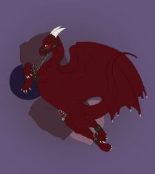 2_horns ankle_cuffs balls blush bondage bondage bondage_gear bound chastity_cage chastity_device claws cuff_(restraint) digital_drawing_(artwork) digital_media_(artwork) dragon dwagrosze feet feral genitals hi_res horn kerreth lock looking_at_viewer male muzzle_(object) muzzled mythological_creature mythological_scalie mythology padlock penis red_body restraints scalie shackles simple_background solo spread_wings story story_in_description submissive tail toes wings wrist_cuffs