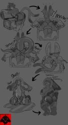 2025 absurd_res all_the_way_through balls black_and_white blush comic curly_hair detailed digestion duo felid furry genitals goo_creature hair hi_res lagomorph male mammal mimic mimic_chest monochrome nude oral_vore paws penetration prehistoric_species rabbitvenomvoid_(artist) saber-toothed_tiger simple_background size_difference smaller_male smaller_pred tentacle tentacle_penetration vore vore_tattoo weight_gain