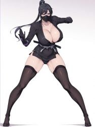ai_generated bewitching_thighs black_hair cleavage full_body high_heels large_breasts ninja purple_hair shu stockings triage_x
