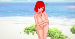 3d 3d_(artwork) 3d_render beach blue_eyes blue_water folded_arms grass happy kairi kingdom_hearts koikatsu koikatsu_(medium) musical_note necklace ocean pink_swimsuit posing_for_the_viewer pubic_hair red_hair render sand sling_bikini wet wet_body wink winking_at_viewer