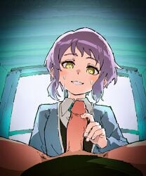 1boy ai_generated bangs blush breasts erection female fluffyhairenjoyer handjob idolmaster idolmaster_million_live! indoors makabe_mizuki penis pov pov_crotch purple_hair short_hair small_breasts smile straight wavy_hair window yellow_eyes