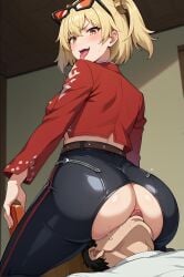 ai_generated ass blonde_hair blush eyebrows_visible_through_hair eyewear_on_head female open_mouth oral short_hair sitting sitting_on_face sitting_on_person smile straight sunglasses tongue torn_clothes yellow_eyes