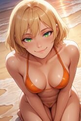 1girls ai_generated beach bikini_top bikini_top_only blonde_hair cindy_aurum female female_only final_fantasy final_fantasy_xv from_above green_eyes looking_at_viewer medium_breasts mostly_nude on_knees patreon pubic_hair pussy salupai short_hair sitting smile solo solo_female square_enix uncensored watermark