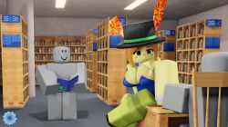 1girls 2boys 3d big_breasts book breasts bunny_ears bunnysuit cleavage dummy_(roblox) female k_rrrquy library looking_at_another male mario118118 obby_creator orange_hair playboy_bunny roblox roblox_avatar roblox_developer roblox_game robloxian rule_63 sitting sitting_on_table source_request top_hat yellow_skin