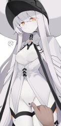 1boy ? absurdres blue_archive breasts censored cloak dress female hair_over_one_eye hat highres large_hat long_hair looking_at_viewer malkuth_(blue_archive) medium_breasts mikozin navel orange_eyes pale_skin pussy sidelocks spread_pussy thigh_strap very_long_hair white_cloak white_dress white_hair white_hat