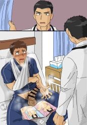 2boys accidental_exposure after_masturbation after_orgasm balls bandage bandaged_arm big_penis black_hair blush blushing_profusely broken_arm brown_hair censor_bar censored censored_penis crossed_legs cum cum_drip cum_on_clothes cum_on_hand cum_on_penis cum_on_self cum_string curtains dark_penis doctor erection exposed female foreskin foreskin_folds frown fully_clothed grey_eyes hi_res hospital hospital_bed hospital_curtain hospital_room imokuma indoors injured looking_at_another male male_only masturbation mature_male original original_character pants_down patient penis pointless_censoring porn_magazine pornography pubic_hair semen short_hair sitting standing steam steamy_breath steamy_penis sticky_cum straight sweat sweatdrop thick_penis tissue tissue_box uncircumcised uncut unretracted_foreskin used_tissue veiny_penis wide_eyed