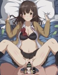 1boy absurdres bar_censor black_bra black_panties black_skirt bra breasts brown_cardigan camera cardigan cellphone censored cleavage clothes_lift commentary condom condom_on_penis english_commentary eufoniuz female hige_wo_soru._soshite_joshikousei_wo_hirou. highres id_card implied_prostitution looking_at_viewer m_legs male medium_breasts motion_lines multiple_condoms ogiwara_sayu open_clothes open_shirt paid_reward_available panties panties_around_one_leg penis phone pillow pillow_grab plaid_clothes plaid_skirt pov pov_crotch pussy recording revision school_uniform sex skirt skirt_lift smartphone spread_legs straight underwear used_condom vaginal_penetration