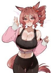 animal_ears baobao771100 black_pants blush blussh bow breasts brown_hair cleavage closed_mouth collarbone commentary drill_hair ear_bow female grey_eyes hair_between_eyes hand_up highres horse_ears horse_girl horse_tail jacket large_breasts looking_at_viewer norn_ace_(umamusume) pants pink_jacket pussy_juice red_bow short_hair side_ponytail simple_background smile solo sweat symbol-only_commentary tail umamusume umamusume:_cinderella_gray white_background yoga_pants