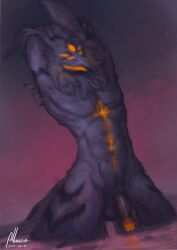 abs alkuuda alkuuda_(character) alkuuda_(demonform) anthro avian beak bird black_penis demon forehead_eye genitals glowing glowing_eyes glowing_genitalia glowing_mouth glowing_penis hands_above_head hands_behind_head hi_res holding_arm looking_at_viewer looking_down looking_down_at_viewer male markings multi_eye muscular owl partially_submerged pecs penis pose signature sky smug_expression solo standing standing_in_water water