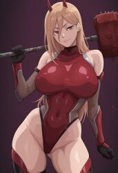 ai_generated bodysuit catered3214 chainsaw_man devil_horns fishnets hammer horns iwao178_(ai_style) legwear leotard long_hair power_(chainsaw_man) red_bodysuit taimanin_(series) taimanin_suit