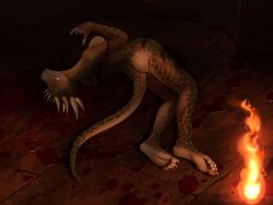 absurd_res anthro argonian ass bethesda_game_studios blood bodily_fluids breasts corpse death digital_media_(artwork) female female_death fire frostbite80_(artist) hi_res microsoft nipples nude scalie snuff solo tail the_elder_scrolls xbox_game_studios