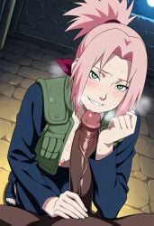 ai_generated akaz123 drooling forearm_cock horny_female looking_at_viewer naruto naruto_(series) naruto_shippuden penis_awe sakura_haruno seductive_eyes seductive_look seductive_smile steaming_body sweating