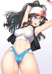 1girls adapted_costume armpits arms_up belly blue_eyes breasts brown_hair choker clothed clothes eyelashes female female_only grey_background hat highleg hilda_(pokemon) holding human impossible_clothes jacket long_hair looking_at_viewer medium_breasts micro_shorts nagase_haruhito navel nintendo open_mouth poke_ball pokemon pokemon_bw ponytail shirt shorts simple_background skimpy skin_tight smile solo standing teeth thighs tied_hair tongue