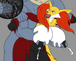 1boy 1girls angry areolae arm_grab armpits belly big_breasts black_fur breast_fondling breast_grab breast_milking breasts breasts_bigger_than_head canine clitoris closeup delphox dress fangs female fondling forced fox from_behind from_behind_position furry gigantic_breasts grey_background grey_penis grey_skin hand_on_breast huge_breasts interspecies karnator karnator_(artist) lactation looking_back machamp male milk milk_rape multi_arm multi_limb muscular muscular_male nintendo nipples nude open_mouth penetration pokemon pokemon_(species) pokemon_xy pokemorph prison_guard_position projectile_lactation pussy pussy_juice red_eyes red_fur restrained sex sex_from_behind size_difference slightly_chubby smile spread_arms standing straight teeth thick_thighs vaginal_penetration veins veiny_penis video_games wet white_fur wide_hips yellow_fur