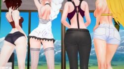 4girls arrancon ass ass_focus black_hair black_hair_female blake_belladonna blonde_female blonde_hair clothed_female facing_away female red_highlights ruby_rose rwby short_shorts skirt team_rwby weiss_schnee white_hair white_hair_female yang_xiao_long