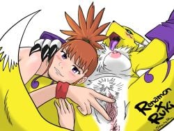 2girls anus blush digimon digimon_tamers female looking_at_viewer makino_ruki multiple_girls nude open_mouth ponytail renamon short_hair smile specter spread_pussy toei_animation tongue tongue_out white_background