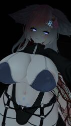 animal_ear_fluff bass_vr blue_eyes bra grey_hair looking_at_viewer pink_rose