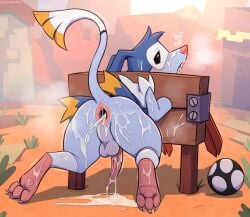 3_toes after_sex ass backsack ball balls beastieball blush bodily_fluids breath claws cum cum_expulsion cum_from_ass cum_from_penis cum_in_ass cum_inside cum_on_body cum_on_butt cum_on_face cum_on_feet cum_on_ground feet feral genital_fluids genitals handicoot_(beastieball) hi_res keadanger looking_pleasured male panting pawpads penis raised_tail restraints solo stocks tail tapering_penis toe_claws toes