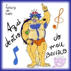 1:1 2021 alcohol anthro arm_tattoo armor armpit_hair artist_logo barefoot beard beverage beverage_can blue_beard blue_body_hair blue_border blue_facial_hair blue_hair blue_pubes blue_shell body_hair border bracelet brand_parody bulge can character_name chest_hair clothed clothing colored container dancing detailed_bulge digital_drawing_(artwork) digital_media_(artwork) english_text facial_hair facial_piercing feet footprint g_clef gesture green_head hair hand_gesture headgear helmet hi_res hill_with_eyes_(mario) holding_alcohol holding_can holding_container holding_object jewelry koopa koopaling logo ludwig_von_koopa lyrics male mario_bros meme motion_lines musclegut muscular musical_clef musical_note musical_symbol navel nintendo non-mammal_navel nose_piercing nose_ring one_fang open_mouth open_smile orange_clothing orange_thong orange_underwear pawprint pawprint_tattoo piercing portuguese_description portuguese_text pubes raised_finger raised_index_finger ring_piercing scalie shell simple_background skol smile solo spiked_armor spiked_bracelet spiked_helmet spikes super_mario_world symbol tattoo text text_tattoo thong topless topless_anthro topless_male underwear vektorthedrakat(artist) white_background yellow_body yoshi_dancing_next_to_an_egg