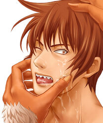 2boys cum face_closeup facial gay hand_on_head male_only multiple_boys no_visible_genitalia open_mouth rance rance_(series) sharp_teeth suzaku tongue tongue_out wince wink yaoi