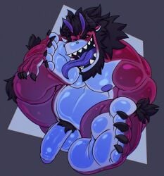 absurd_res after_transformation anthro axel_(lazydergenboi) belly dragon facial_hair feet felid foot_fetish foot_focus foot_lick foot_play genitals goo_creature hi_res humanoid_feet humanoid_genitalia hybrid licking lion male mammal mythological_creature mythological_scalie mythology nude pantherine plantigrade scalie smile soles solo tongue urbanmonster