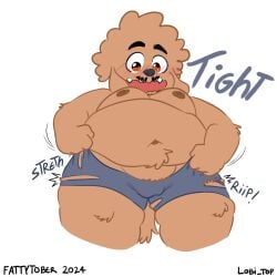anthro belly blush bottomwear canid canine canis clothing domestic_dog fattytober food food_fetish fupa gainer genitals getting_fat growing growth growth_sequence hi_res lobi_top male male/male mammal navel overweight penis small_penis solo thick_thighs tight_bottomwear tight_clothing torn_bottomwear torn_clothing