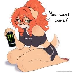 1girls absurd_res anthro anthrofied autistic_female blush breasts brown_body brown_fur brown_skin canid canine canis choker crop_top cute dialogue digital_media_(artwork) domestic domestic_dog english_text eyebrows eyebrows_visible_through_hair eyelashes female female_focus female_only freckles fur furry fursona ginger ginger_hair glasses green_eyes head hi_res kuru_(kuru_tyan) kuru_tyan looking_at_viewer mammal monster_energy orange_hair red_hair small_breasts solo