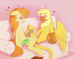 animal_genitalia animal_penis avian blush blush_lines bodily_fluids cum duo earth_pony equid equine equine_genitalia equine_penis fan_character feet feral foot_fetish foot_play footjob furniture genital_fluids genitals gryphon hasbro hi_res horse knot knotted_penis lionbun male male/male mammal my_little_pony mythological_avian mythological_creature mythology penis pony sex sitting sofa sofa_sex
