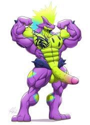 abs abstract_background alternative_fashion anthro anthrofied balls biceps big_bulge big_muscles big_penis bulge erection fan_character flexing flexing_bicep flexing_both_biceps flexing_muscles generation_8_pokemon genitals glowing glowing_hair green_body hair hi_res huge_muscles male midriff muscular muscular_anthro muscular_male muscular_thighs nintendo nude nude_anthro nude_male obliques pecs penis pokemon pokemon_(species) ponyanony punk punk_hair purple_body simple_background smile smirk solo spiky_hair standing toxtricity triceps v-cut vein veiny_penis