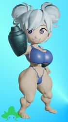 1girls 3d 3d_(artwork) alternate_version_available barefoot big_breasts blaster breasts feet female female_only female_solo footwear_removed full_body glacier_woman gun kennyb0mber_(artist) no_shoes open_mouth open_smile original original_character smile solo solo_female solo_only sports_bra thong