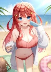 1girls ahoge antenna_hair bare_belly bare_chest bare_hands bare_hips bare_legs bare_midriff bare_navel bare_shoulders bare_skin bare_thighs beach belly belly_button bikini bikini_bottom bikini_top blue_eyes blue_eyes_female blue_sky blush blush_face blushing_at_viewer blushing_female breasts busty busty_female busty_girl busty_teen cleavage clouds coast collarbone day daylight daytime embarrassed embarrassed_expression embarrassed_female exposed_belly exposed_chest exposed_hips exposed_legs exposed_midriff exposed_navel exposed_shoulders exposed_skin exposed_thighs eyebrows_visible_through_hair female female_focus female_only fingernails fingers go-toubun_no_hanayome hair_between_eyes halterneck high_resolution high_school_student highres horizon large_breasts lean_figure long_hair looking_at_viewer midriff nakano_itsuki narrow_waist navel ocean open_mouth outdoor outdoors outside parted_lips red_bikini red_bikini_bottom red_bikini_top red_hair red_hair_female red_string_bikini red_swimsuit red_swimwear sand school_girl sea seaside shame shoulders side-tie_bikini sky slender_body slender_waist slim_waist solo standing string_bikini suncream swimsuit swimwear teen_girl teenage_girl teenage_tits teenager thighs tongue upper_body young_female young_woman yukiunag1